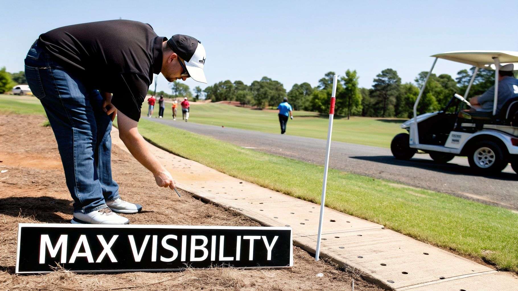 A golfer adjusts a "MAX VISIBILITY" sign next to a stake on a sunny golf course.