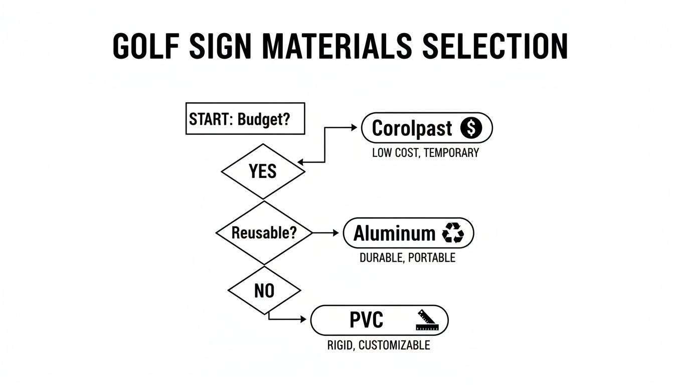 Flowchart illustrating golf sign material selection based on budget and reusability.