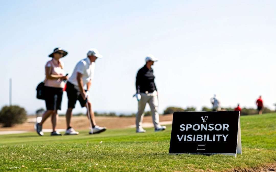A black sign reading "SPONSOR VISIBILITY" is placed on a green golf course, with blurred golfers walking in the sunny background.