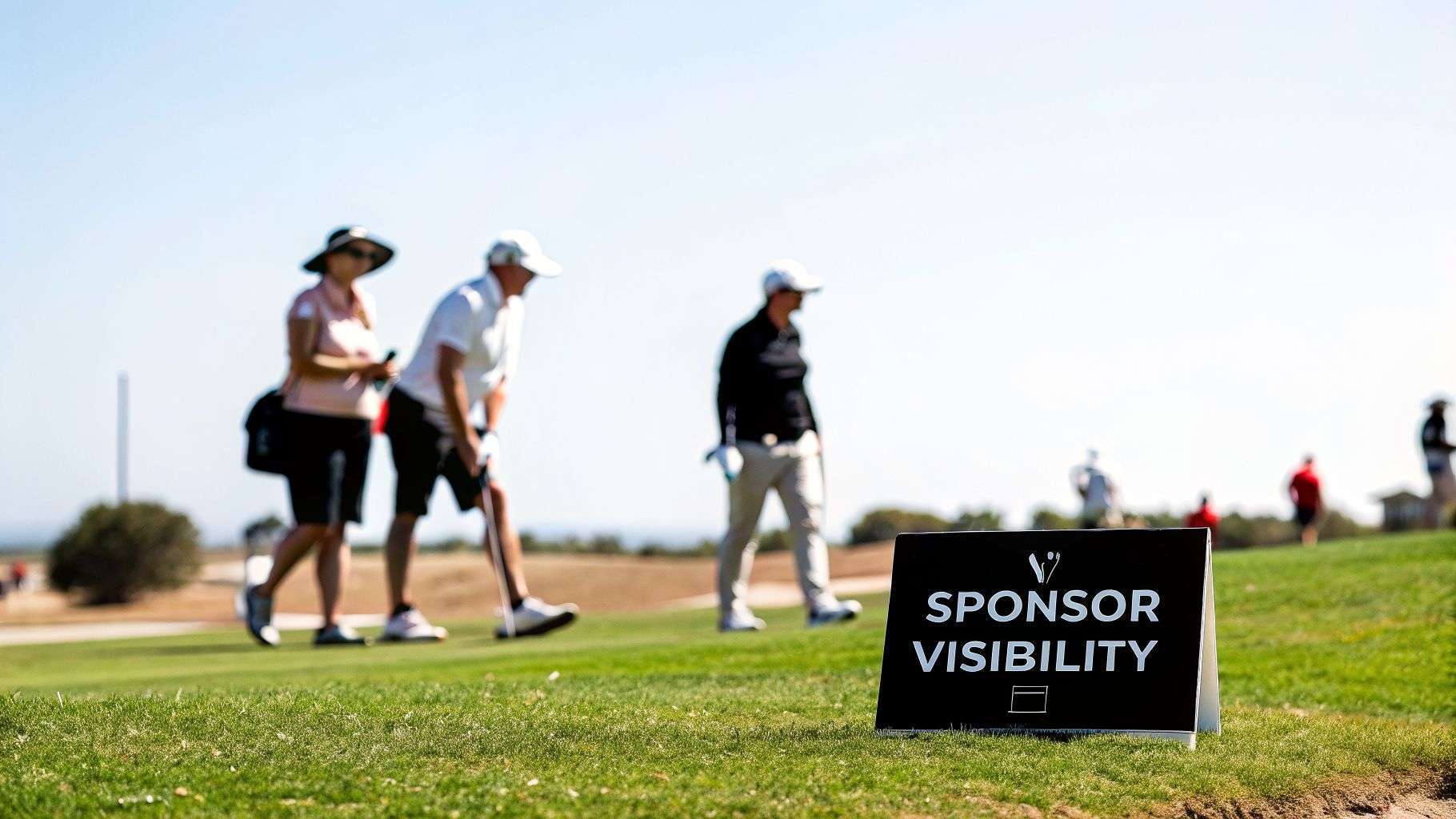 A black sign reading "SPONSOR VISIBILITY" is placed on a green golf course, with blurred golfers walking in the sunny background.